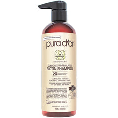 PURA D'OR Champú de Biotina profesional, botella visible, cabello más fuerte.