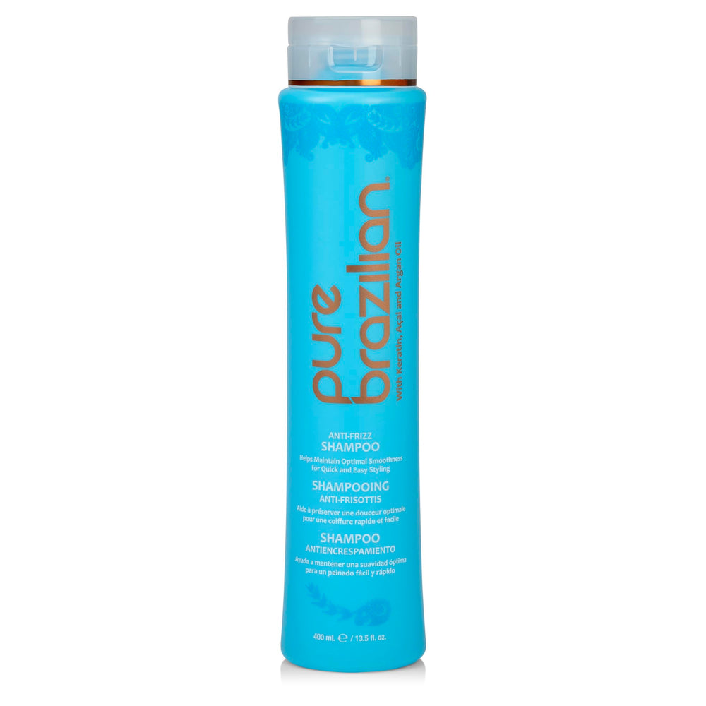 Pure Brazilian Anti-Frizz Daily Shampoo bottle being poured for gentle, salt-free cleansing.