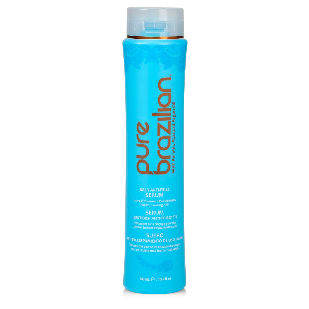 Pure Brazilian anti-frizz serum bottle with pump for daily frizz control.