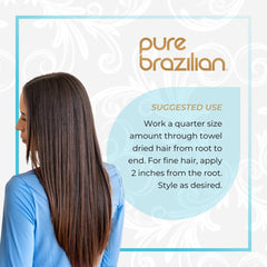 Hair after application shows smooth, frizz-free shine with Pure Brazilian serum.