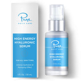 Pure Daily Care High Energy Hyaluronic Serum bottle ready to hydrate skin deeply.