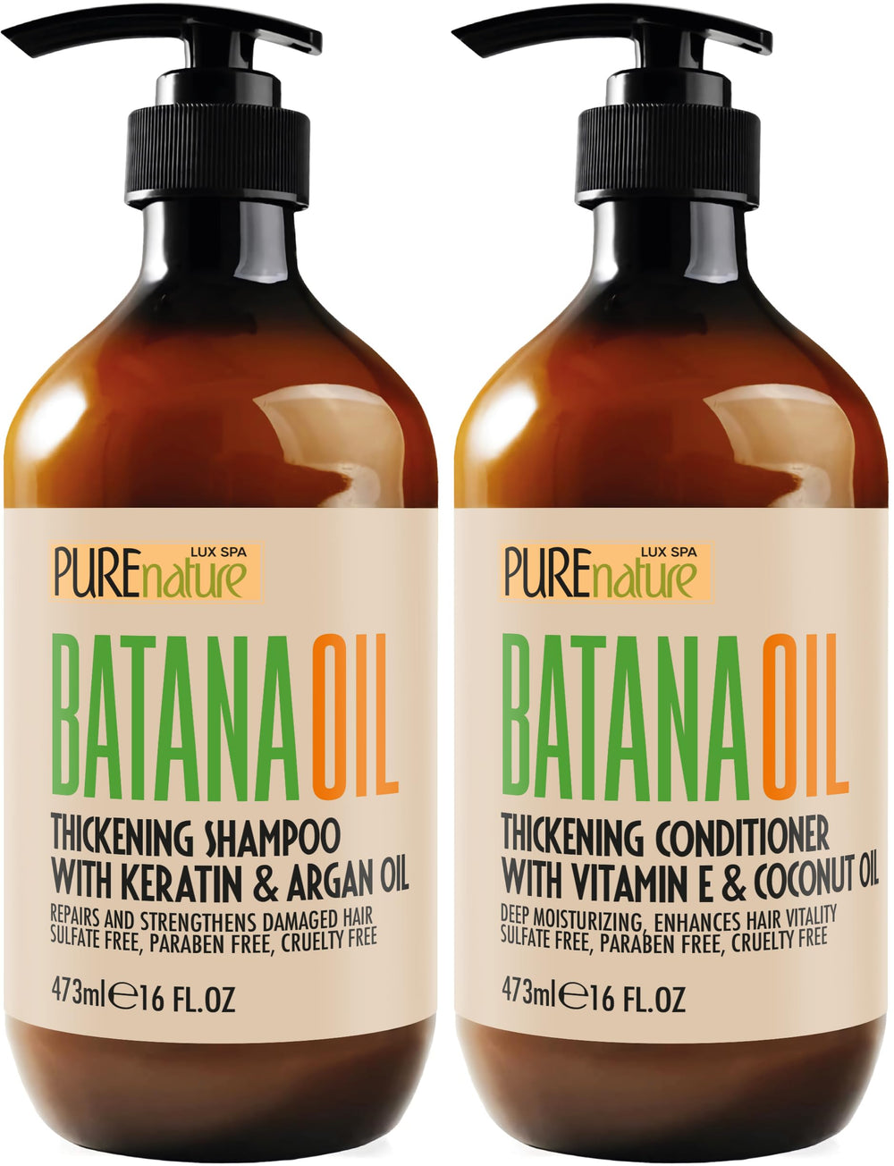 Pure Nature Lux Spa Batana Oil Shampoo bottle front view highlighting fuller-looking hair