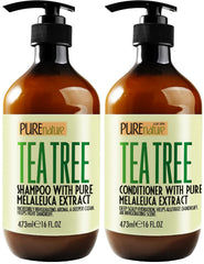 Pure Nature Lux Spa tea tree shampoo bottle on shelf soothes scalp and reduces flakes.