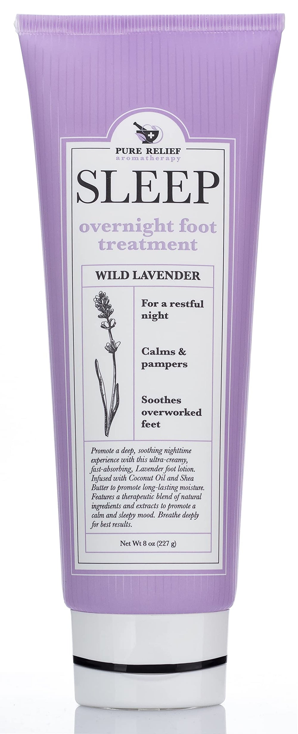 Pure Relief relaxing foot lotion bottle with lavender scent for dry feet.