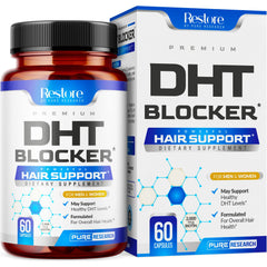 Pure Research DHT Blocker bottle on a clean counter supports healthy hair.