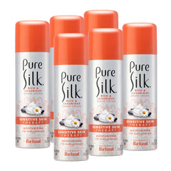 Pure Silk shave cream bottle pour shows a smooth glide for sensitive skin.