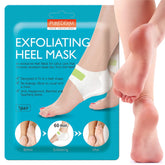 Purederm Exfoliating Heel Mask packaging shows vegan formula suited for sensitive skin.
