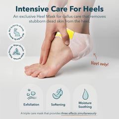 Purederm Exfoliating Heel Mask worn on foot for at home spa treatment.