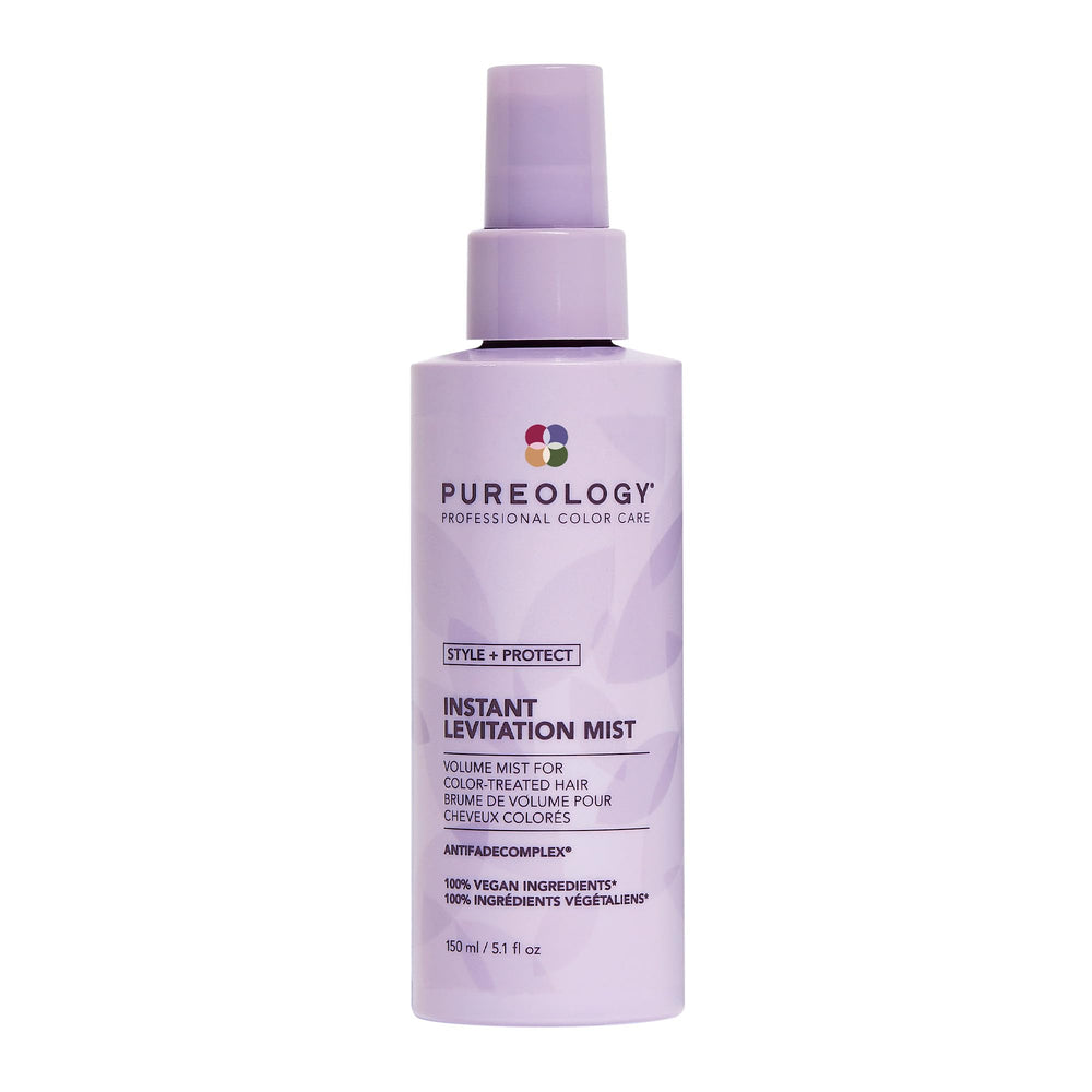 Pureology Instant Levitation Mist applied to damp hair at roots for lift and heat protection