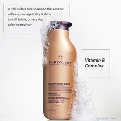 Pureology Nanoworks Gold shampoo closeup label emphasizes vegan formula and color-safe science.