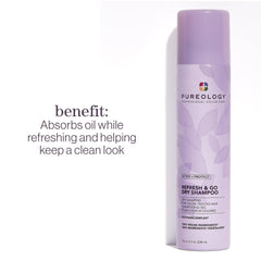 Pureology Refresh Go Dry Shampoo, enfoque en raíces, absorbe grasa para un look ligero.