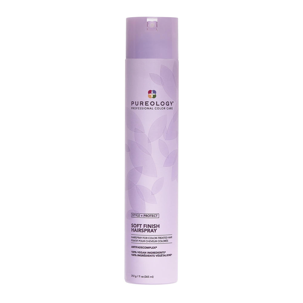 Pureology Soft Finish Hairspray bottle showing color-safe, brushable hold.