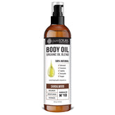 PureSCRUBS aceite corporal de sándalo en botella, cuidado suave para piel seca.