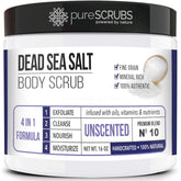 PureSCRUBS premium unscented body scrub jar closeup showing 16oz of exfoliating Dead Sea salt for smoother skin