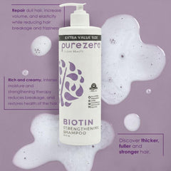 Purezero Biotin Conditioner bottle shown, designed to detangle and add natural shine