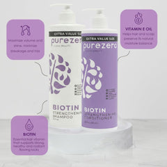 Close-up of Purezero Biotin Conditioner label highlighting cruelty-free and color-safe care