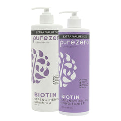Purezero Biotin Shampoo bottle on display promoting fuller-looking, manageable hair