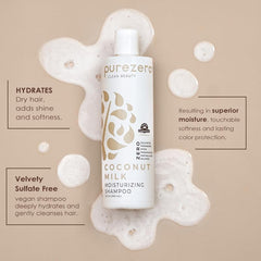 Acondicionador Purezero botella con leche de coco: brillo suave y sedoso.