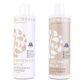Champú Purezero botella con leche de coco: hidratación profunda para cabello dañado.