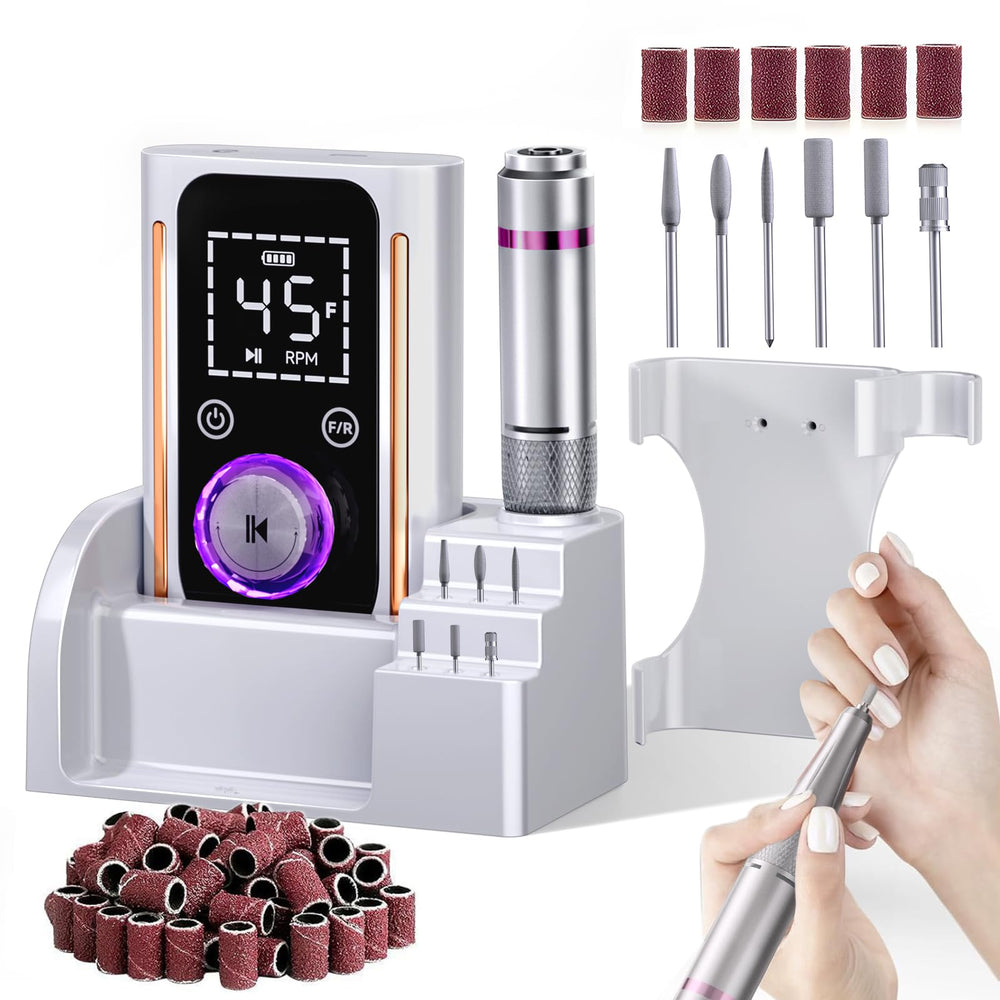 Puriom nail drill front view highlights compact portable design for on-the-go manicures.