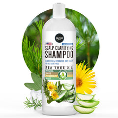 Puriya Tea Tree Clarifying Shampoo bottle showing a soothing, scalp-friendly formula for dry skin.