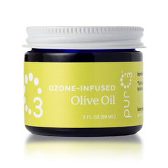 PurO3 ozonated olive oil bottle shows pure, additive-free skincare.