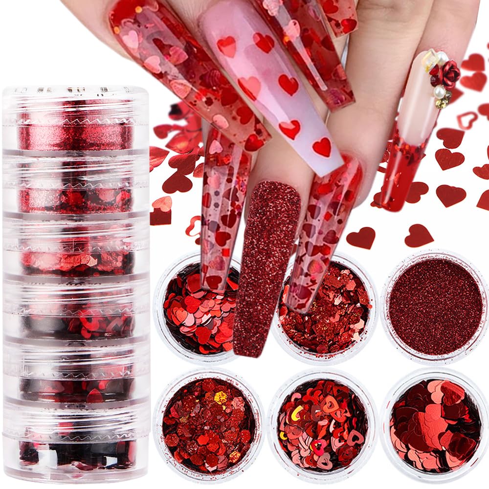Qdsuh diseños Valentine Nail Art: corazones holográficos rojos para realzar un look romántico