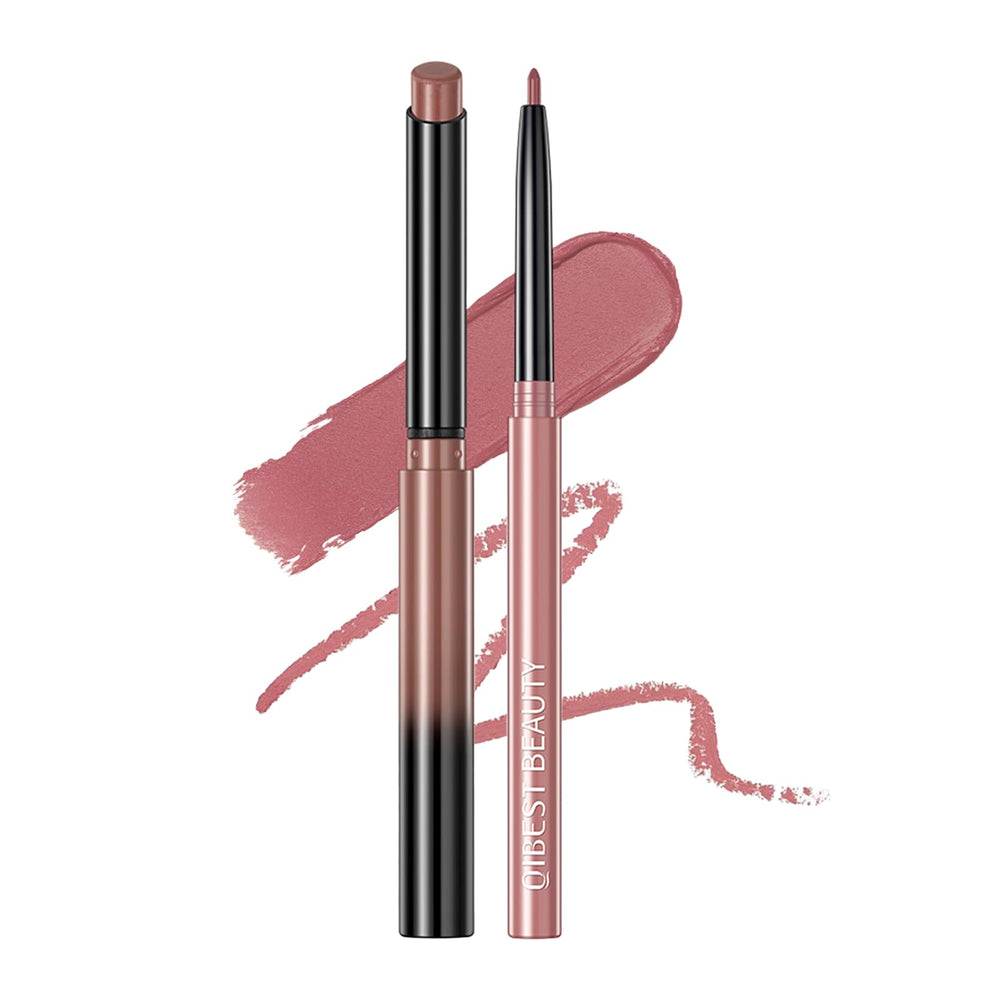 QiBest nude rose pink lip swatches on arm show rosy-nude payoff.