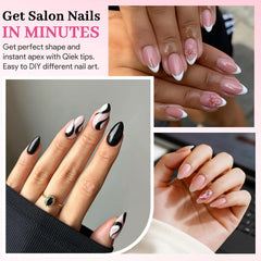 QIEK almond nail tips 15 sizes chart highlighting easy fit options.