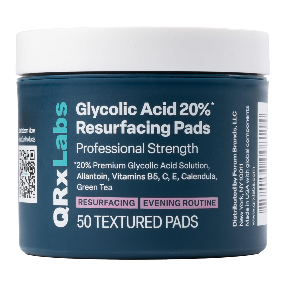 QRxLabs Glycolic Pads jar closeup highlighting exfoliation for smoother skin