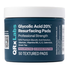 QRxLabs Glycolic Pads jar closeup highlighting exfoliation for smoother skin