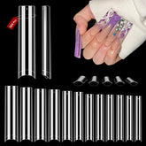 Quaferen clear square nail tips with flat no-C curve for a smooth fit.