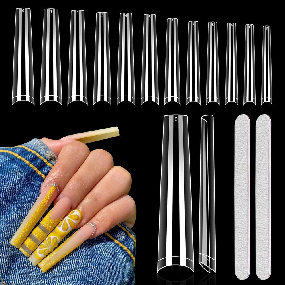 Quaferen XXL coffin nail tips in clear packaging for easy salon inventory.