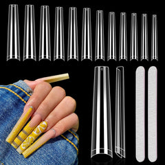 Quaferen XXL coffin nail tips in clear packaging for easy salon inventory.