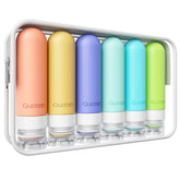 Quatish travel bottles with leakproof lid securing luggage contents.