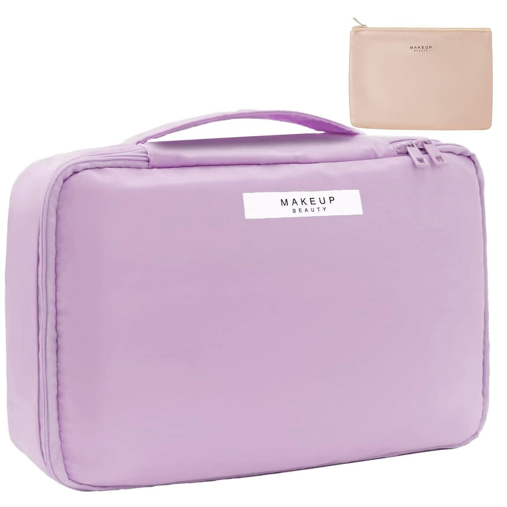 Queboom travel makeup bag purple with a spacious main compartment for cosmetics