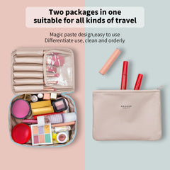 Queboom travel makeup bag features three compartments for organized storage.