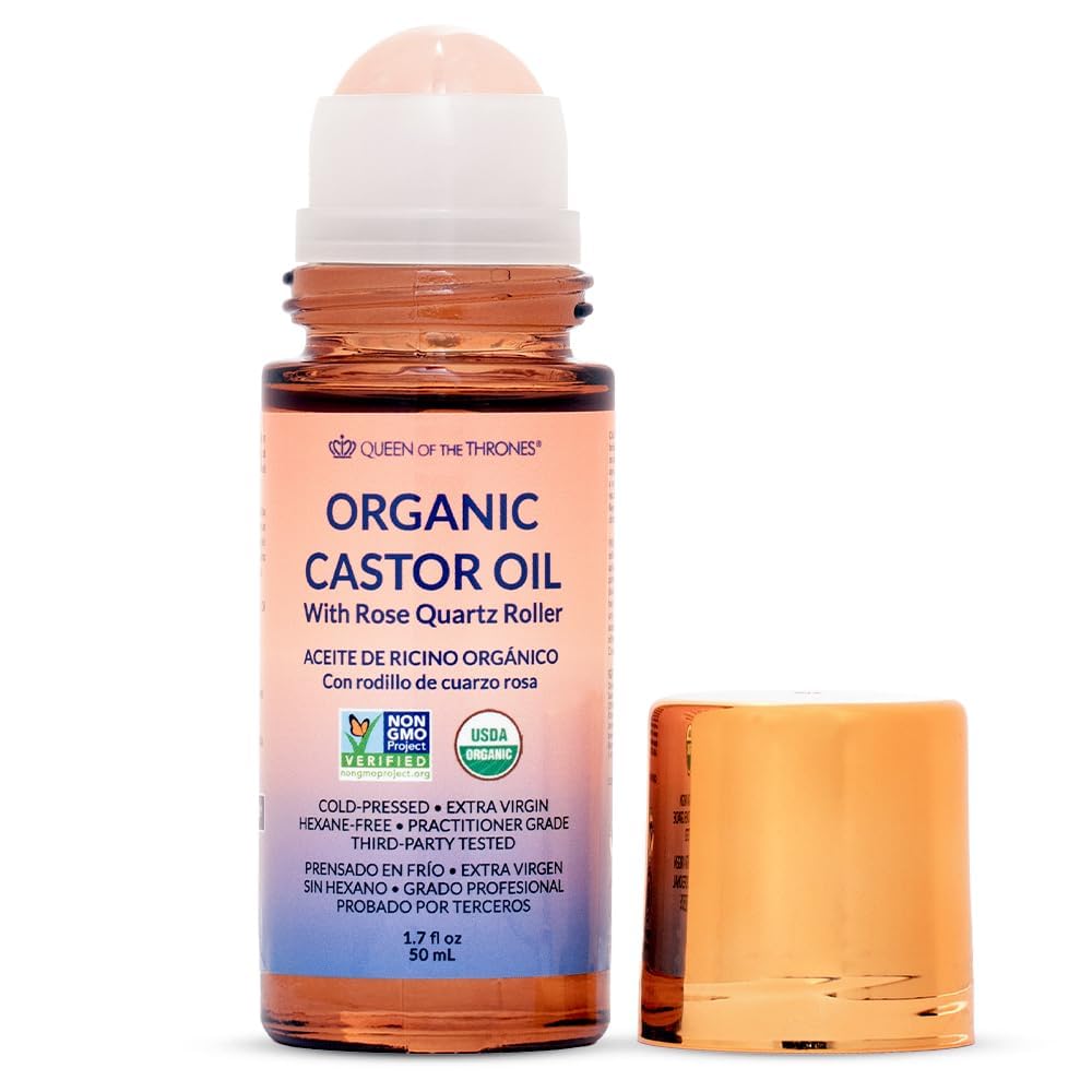 Queen of the Thrones Organic Golden Castor Oil Rose Quartz Roll-On bottle for soothing skin hydration.