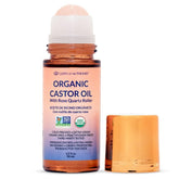 Queen of the Thrones Organic Golden Castor Oil Rose Quartz Roll-On bottle for soothing skin hydration.