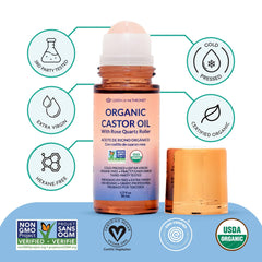 Queen of the Thrones Organic Golden Castor Oil Rose Quartz Roll-On in a castor oil pack setup.