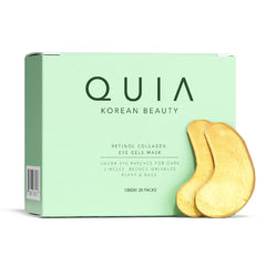 Parches oculares QUIA Beauty con colágeno en envase, hidratación profunda para todo tipo de piel.