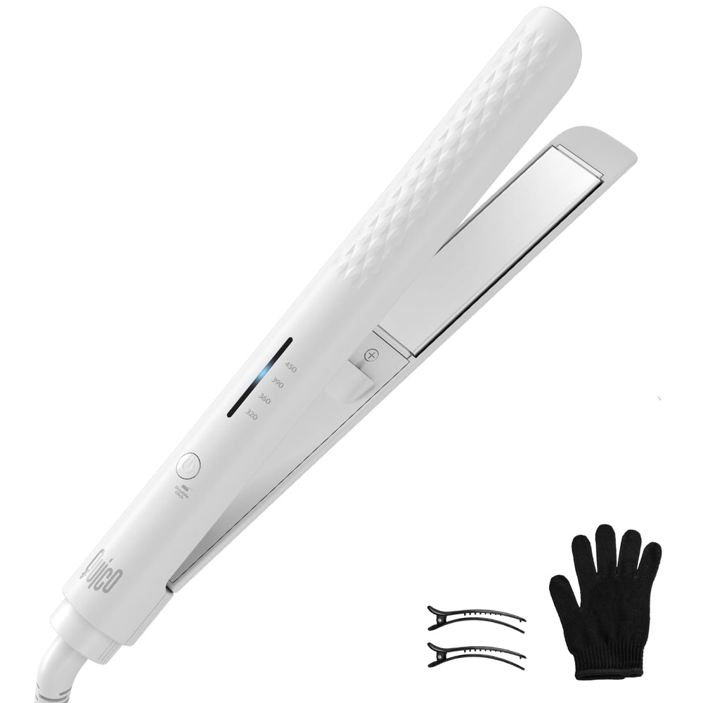 QUICO hair straightener front view showcases compact travel-ready design for quick styling.
