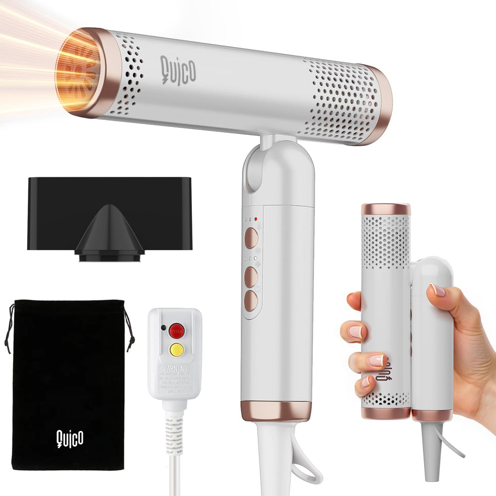 QUICO Travel Hair Dryer with foldable handle offers ultra-portable styling on the go.