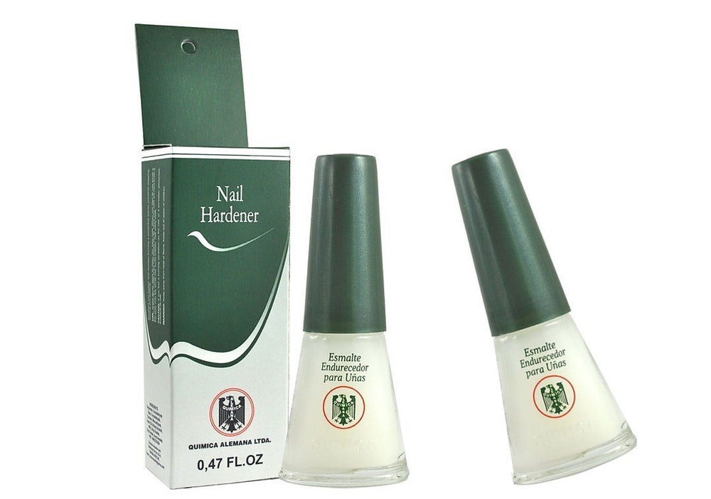 Química Alemana Nail Hardener bottle applying a thin coat to nails for stronger results.