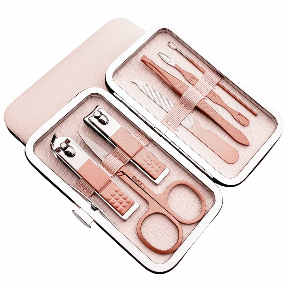 QURIPE rose gold manicure set case opened for premium grooming on the go