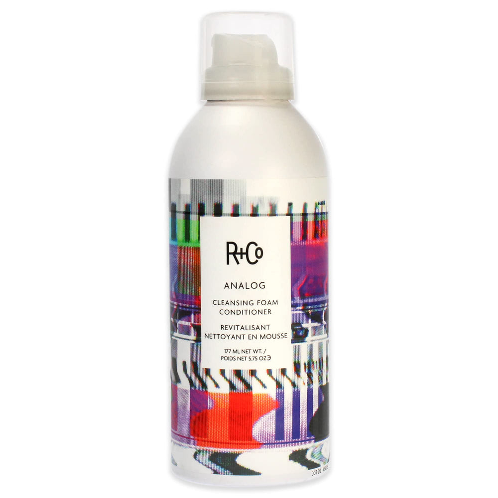 R+Co ANALOG cleansing foam bottle for weightless conditioning.