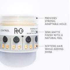 R+Co Control Flexible Paste texture demonstrated on fingers for medium hold.