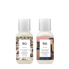 R+Co Dallas Biotin shampoo travel bottle for on-the-go styling and portability.