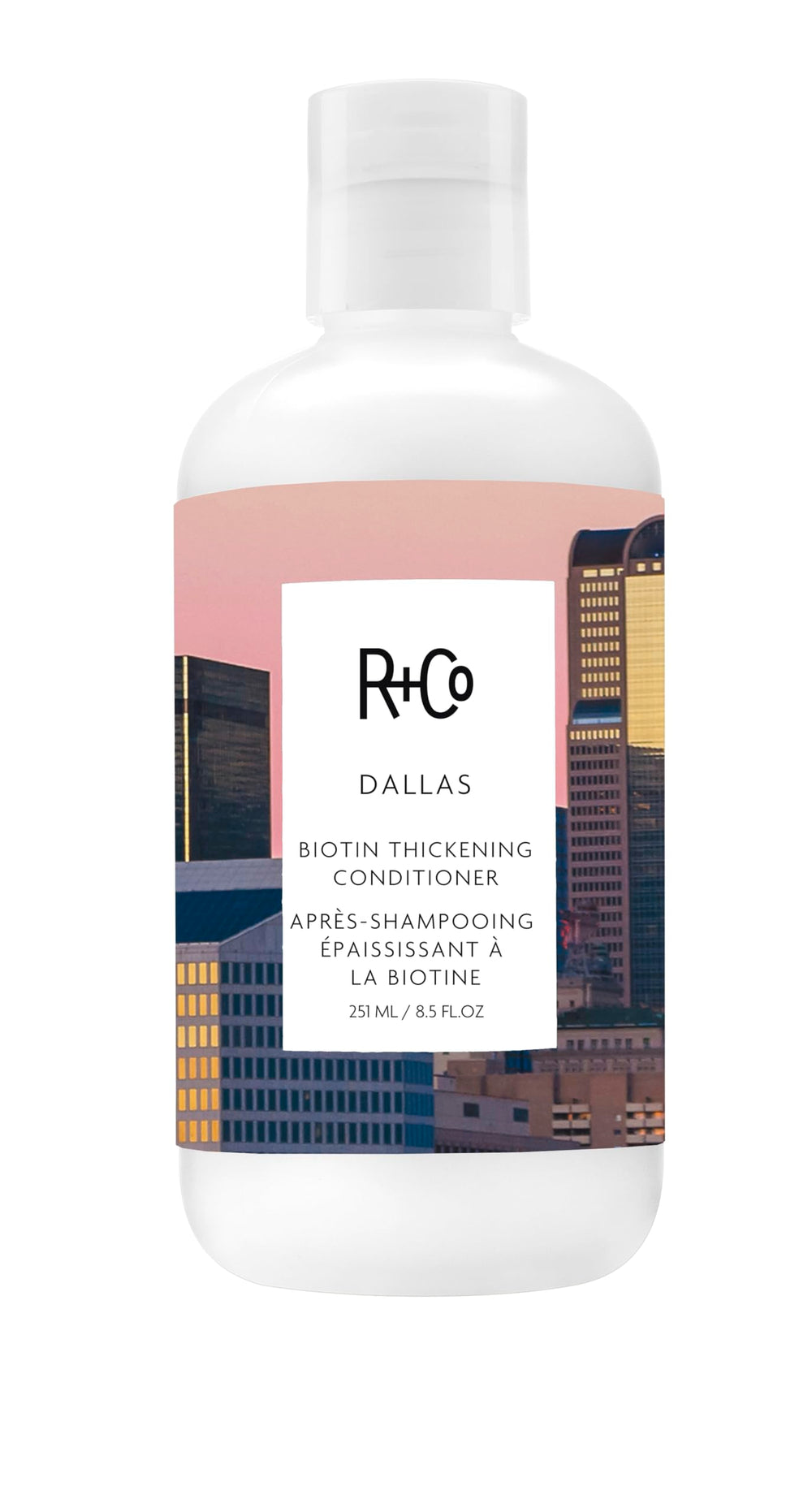 R+Co Dallas Biotin Thickening Conditioner bottle boosts volume and shine