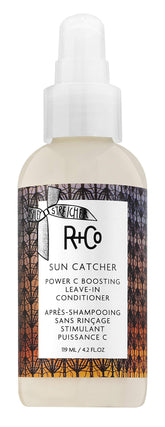 R+Co Sun Catcher Power C Leave-In bottle front showing hydration and UV protection benefits